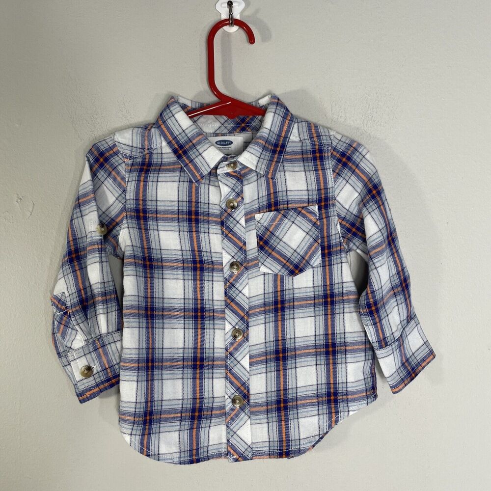 Old Navy Baby Boy Size 12-18M Long Roll Tab Sleeve Plaid Shirt Blue Orange White